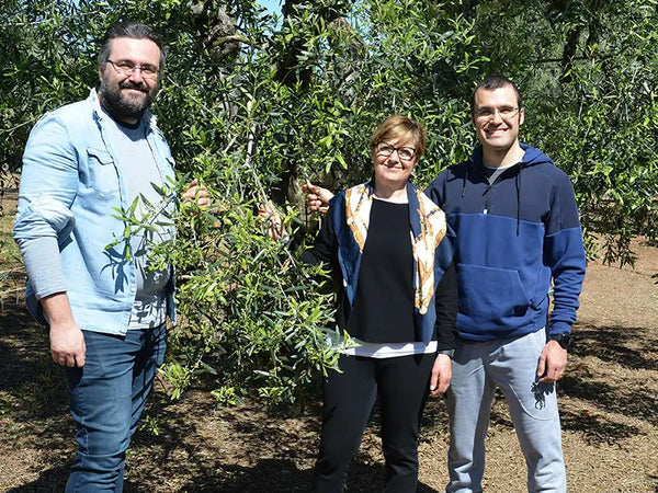 Foto der Familie Caputo, Erzeuger des Gran Pregio Olivenöls, vor einem ihrer Olivenbäume