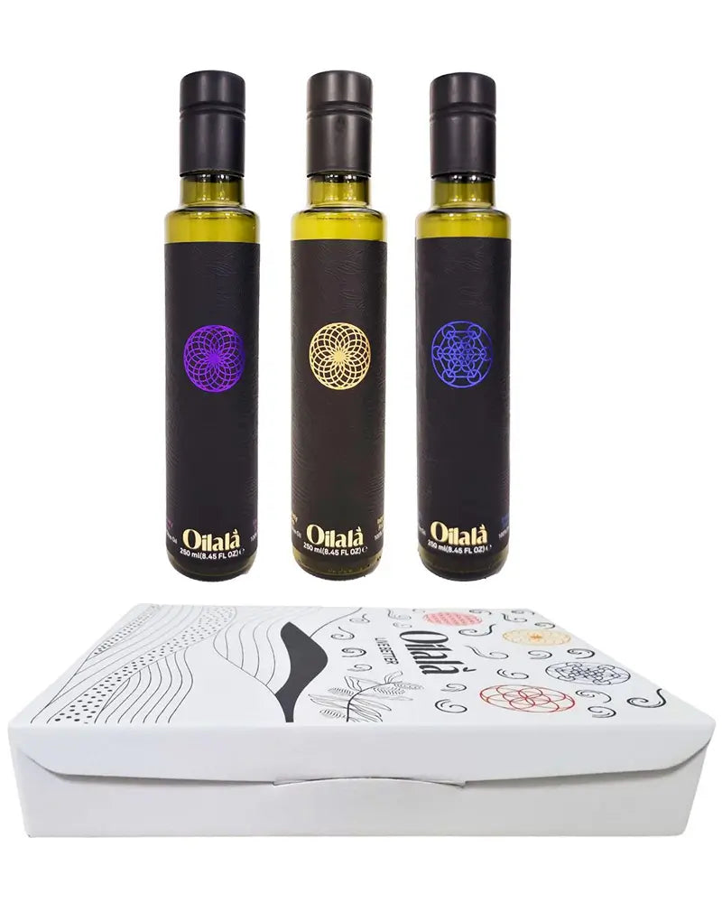 Drei Olivenöle von Oilalá vor Verpackung