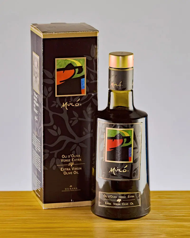 Flasche und Verpackung Miró Special Edition Oli d'Oliva Verge Extra Siurana von OleAurum