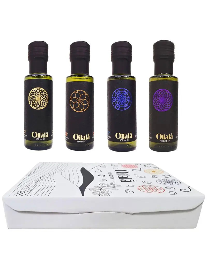 Vier Olivenöle und Verpackung Geschenkset von Oilalá